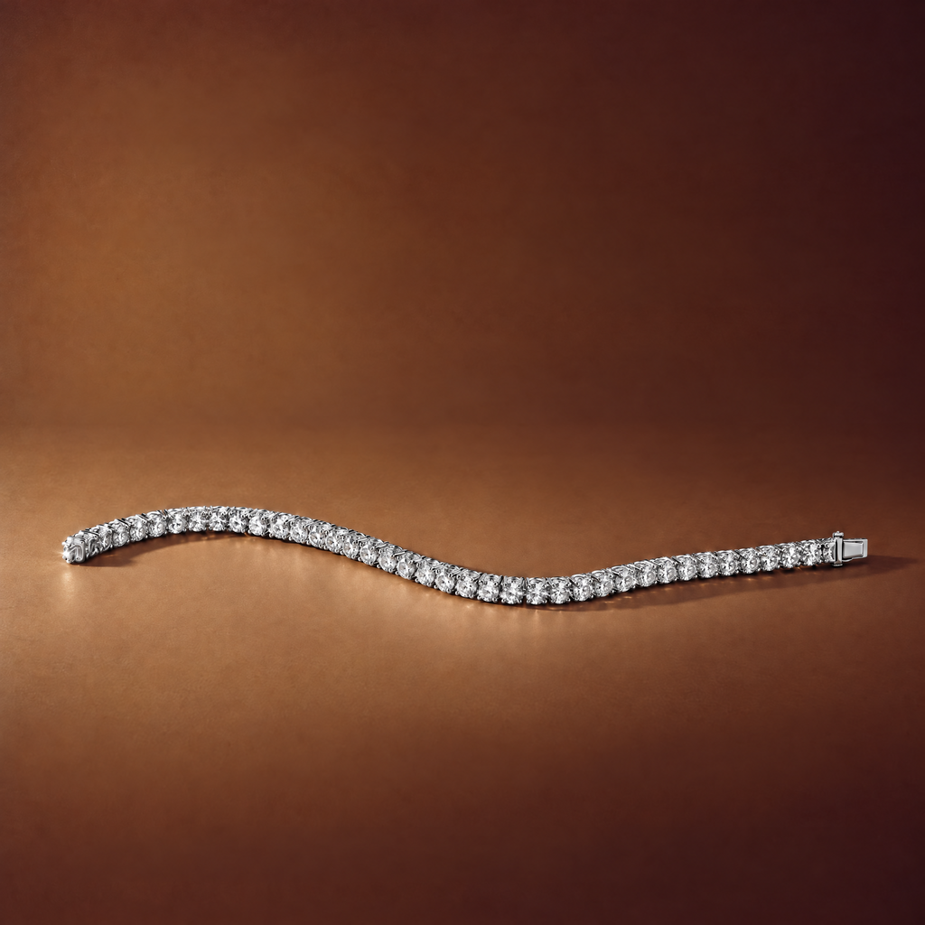 5 carat lab-grown diamond tennis bracelet in 14K white gold lying flat on a brown background, AI-generated image — DEEVE
