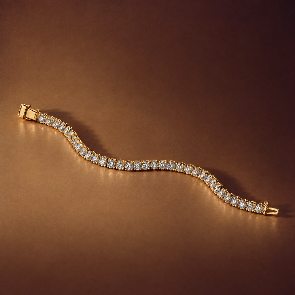 5 carat lab-grown diamond tennis bracelet in 14K yellow gold lying flat on a brown background, AI-generated image — DEEVE