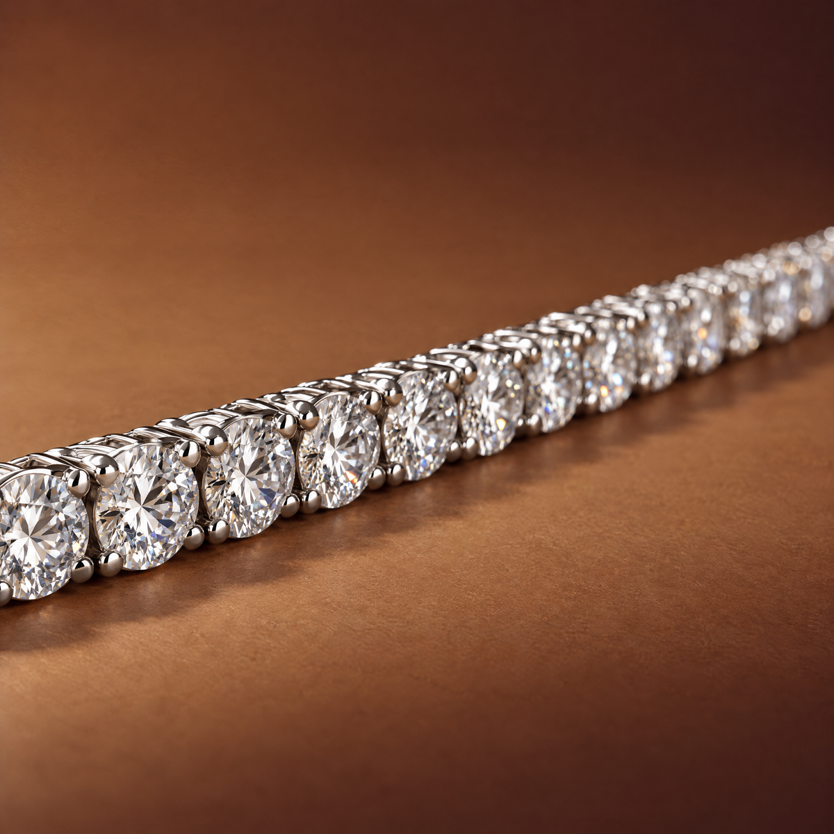 Close-up of round lab-grown diamonds in four-prong 14K white gold settings on a 7 carat tennis bracelet, AI-generated image — DEEVE