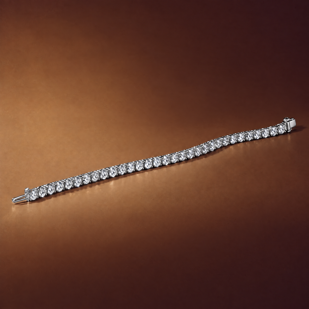 7 carat lab-grown diamond tennis bracelet in 14K white gold lying flat on a brown background, AI-generated image — DEEVE