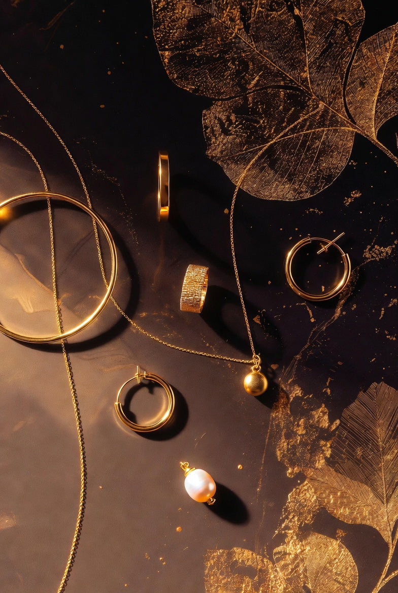 14k Gold jewelry including rings and a necklace on a dark surface with leaf patterns.