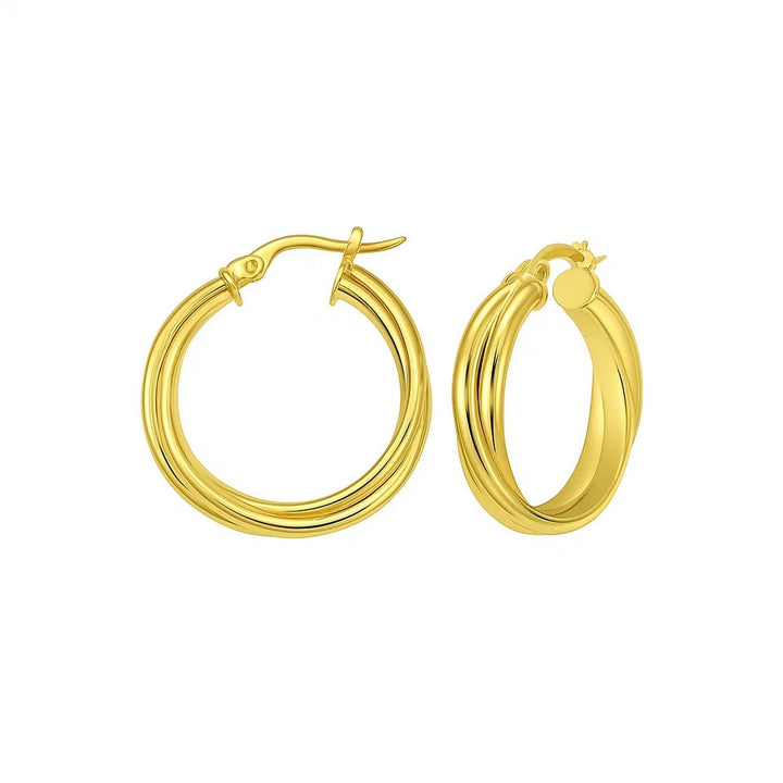 Interlocking trinity hoop earrings in 14K yellow gold, side and front view