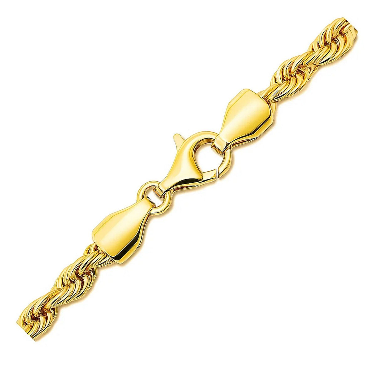 Lobster clasp and end caps on the 5.00mm rope chain in 14K yellow gold