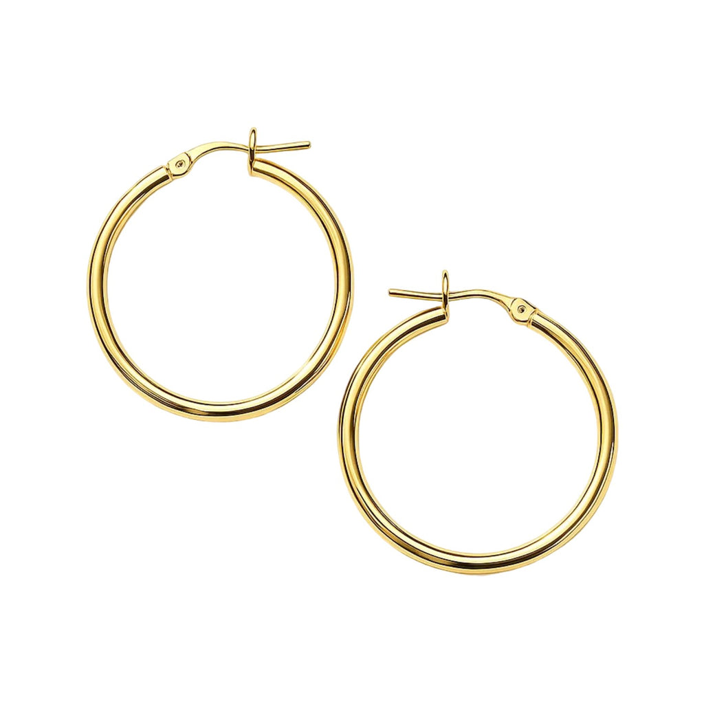 Polished 25mm hoop earrings in 14K yellow gold, 2mm wide, front view of the pair