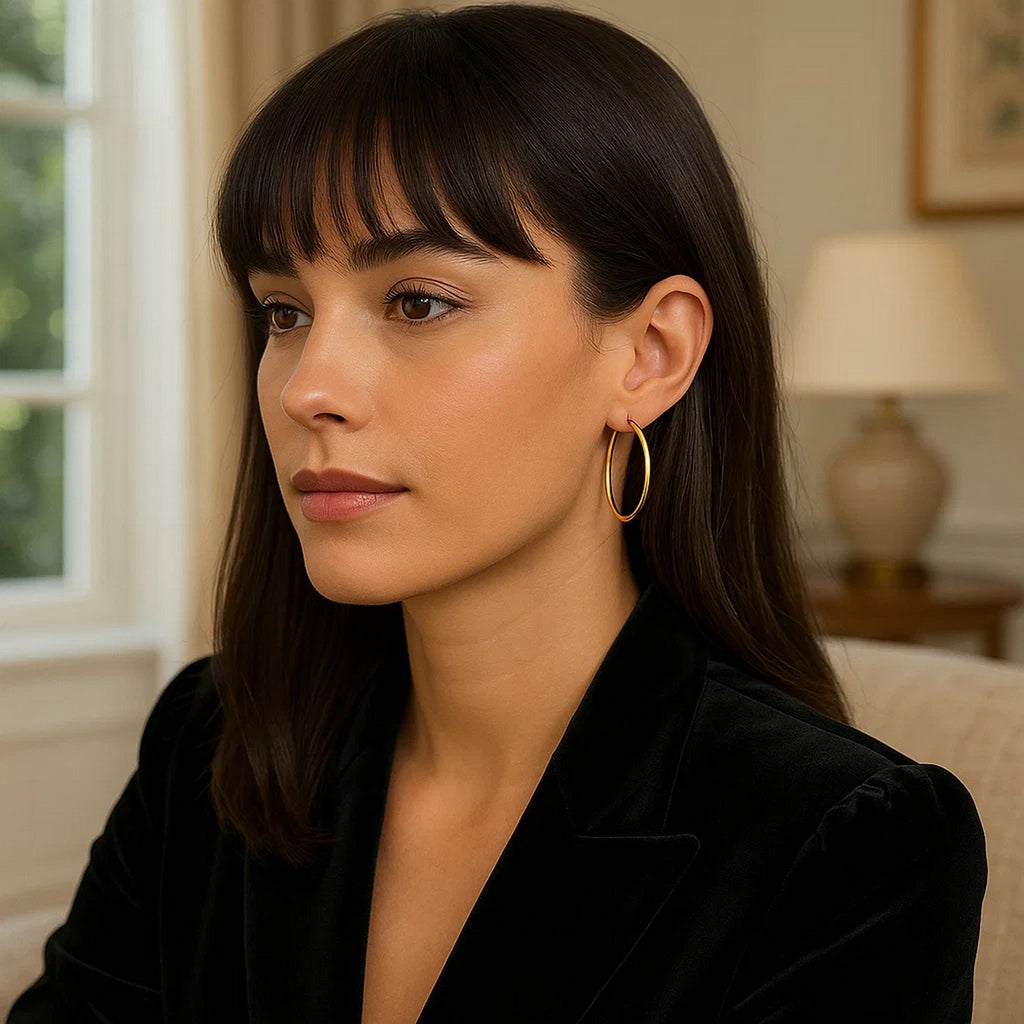 25mm polished hoop in 14K yellow gold worn with a black velvet blazer