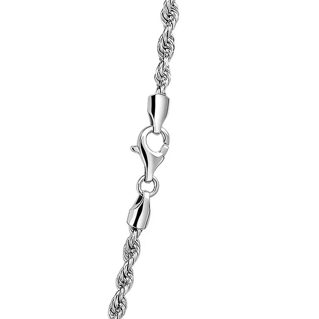 Lobster clasp and end caps on the 3.00mm rope chain in 14K white gold