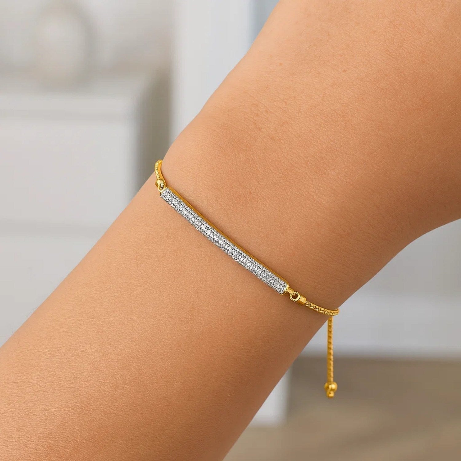 14k Yellow Gold Adjustable Bracelet with Textured Bar and Diamonds