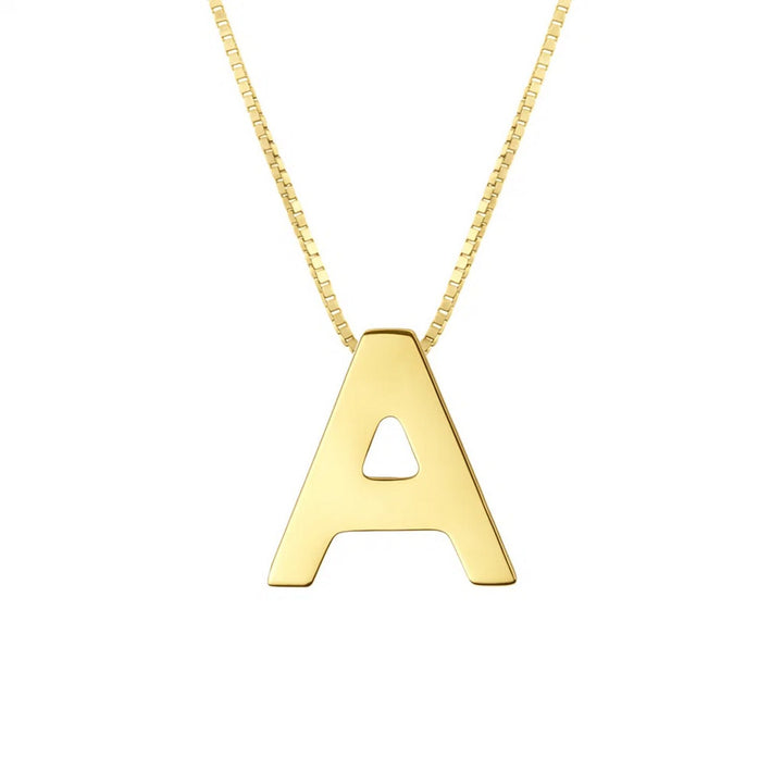 Front view of the polished block letter A in 14K yellow gold on a box chain
