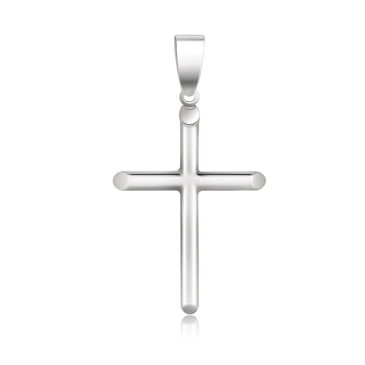 Slim white gold cross pendant with slanted arm ends and a tall polished bail, shown without a chain