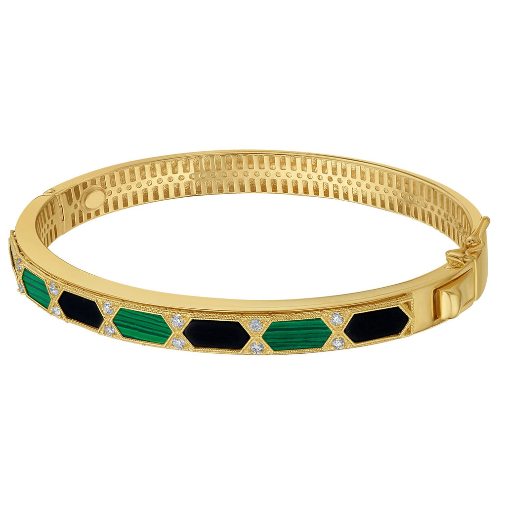 Onyx and malachite Art Deco bangle in 14K yellow gold with natural diamonds between the hexagon inlays
