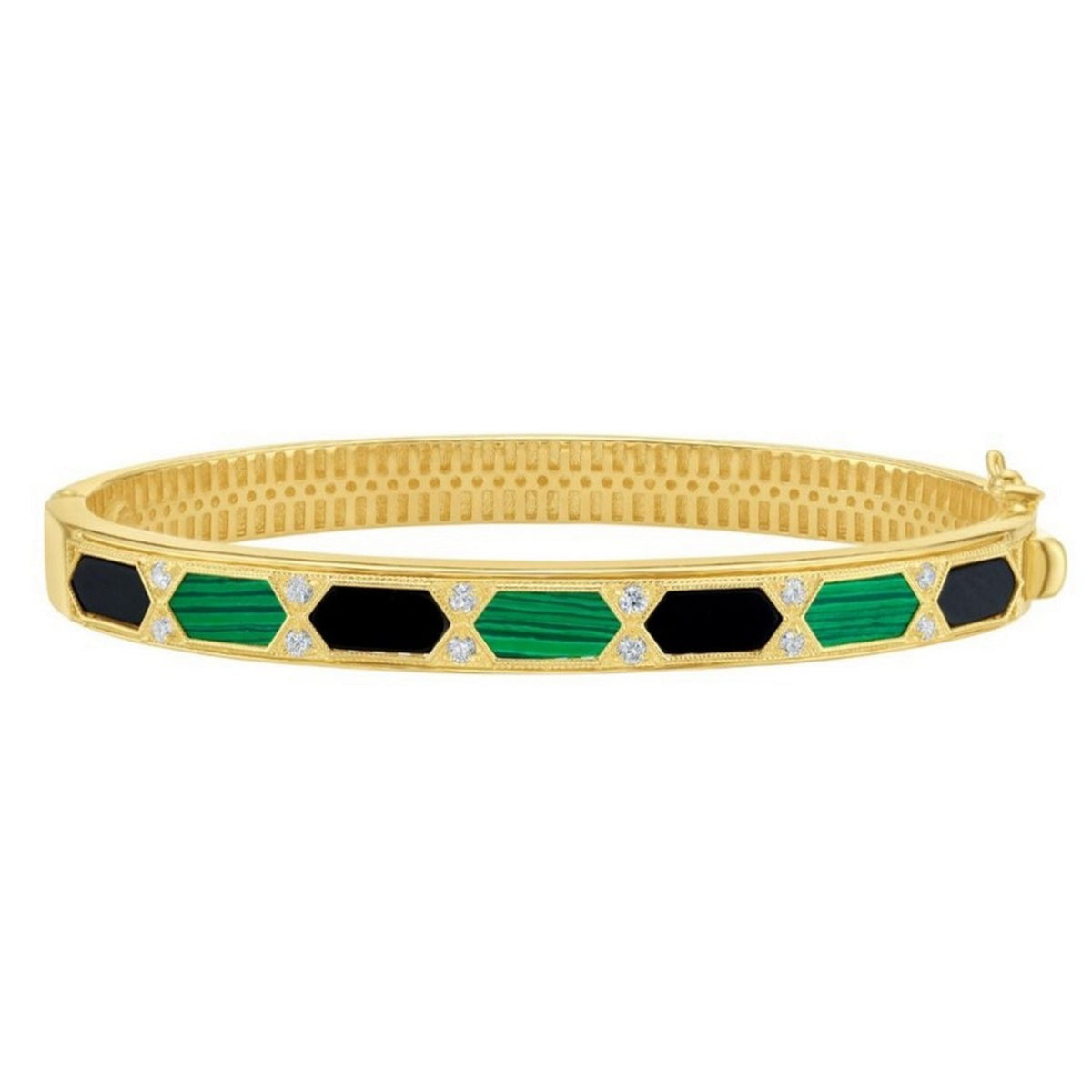 Front view of the onyx and malachite hexagon bangle in 14K yellow gold