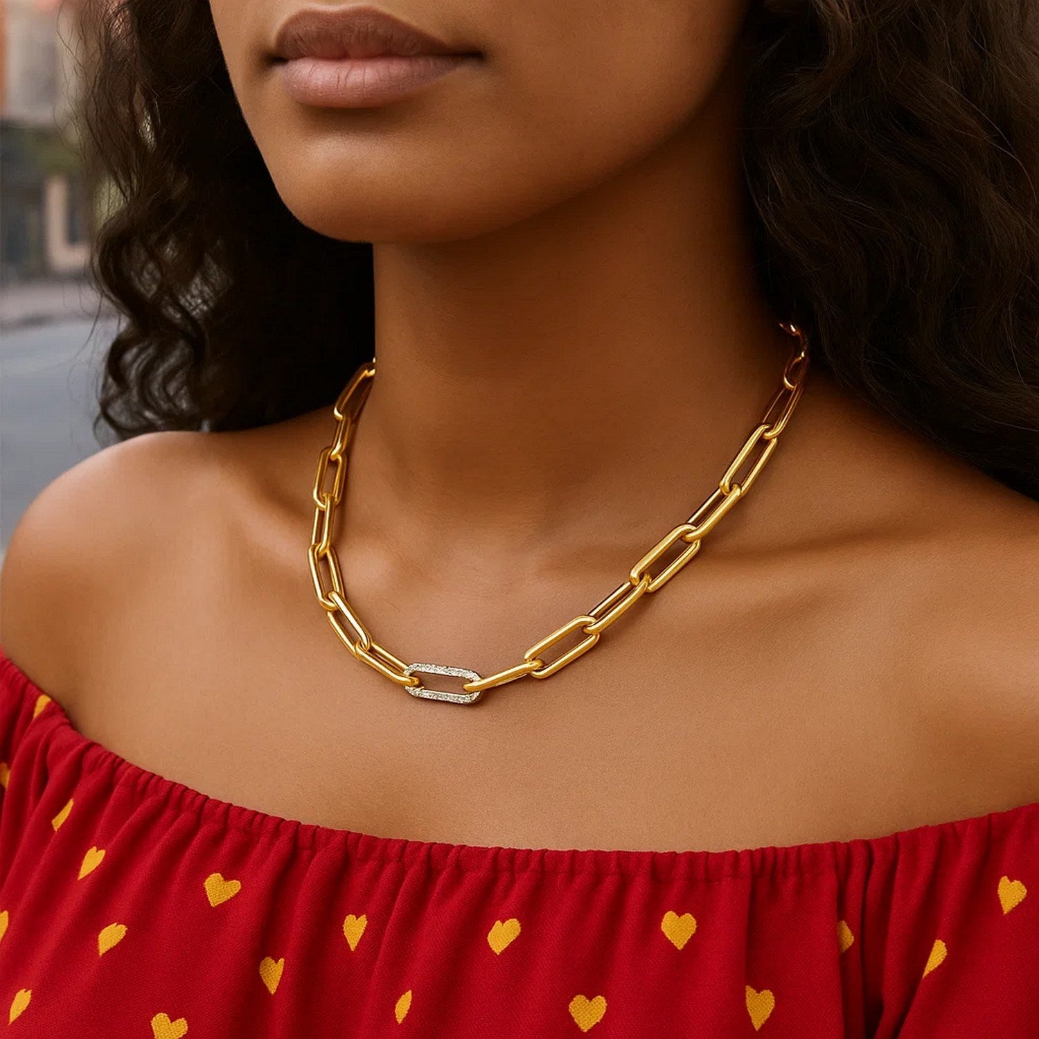 Diamond Link Paperclip Chain Necklace - 14K Yellow Gold
