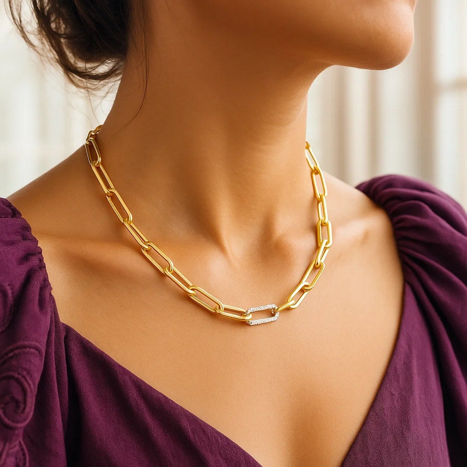 Diamond Link Paperclip Chain Necklace - 14K Yellow Gold