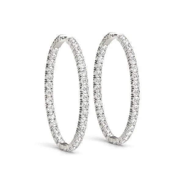 Front view of 14K white gold oval diamond hoop earrings, two-sided setting