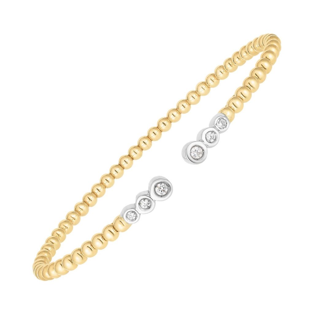 Front view of 14K two-tone Pallina open beaded cuff bangle with bezel-set diamonds, 3.00mm