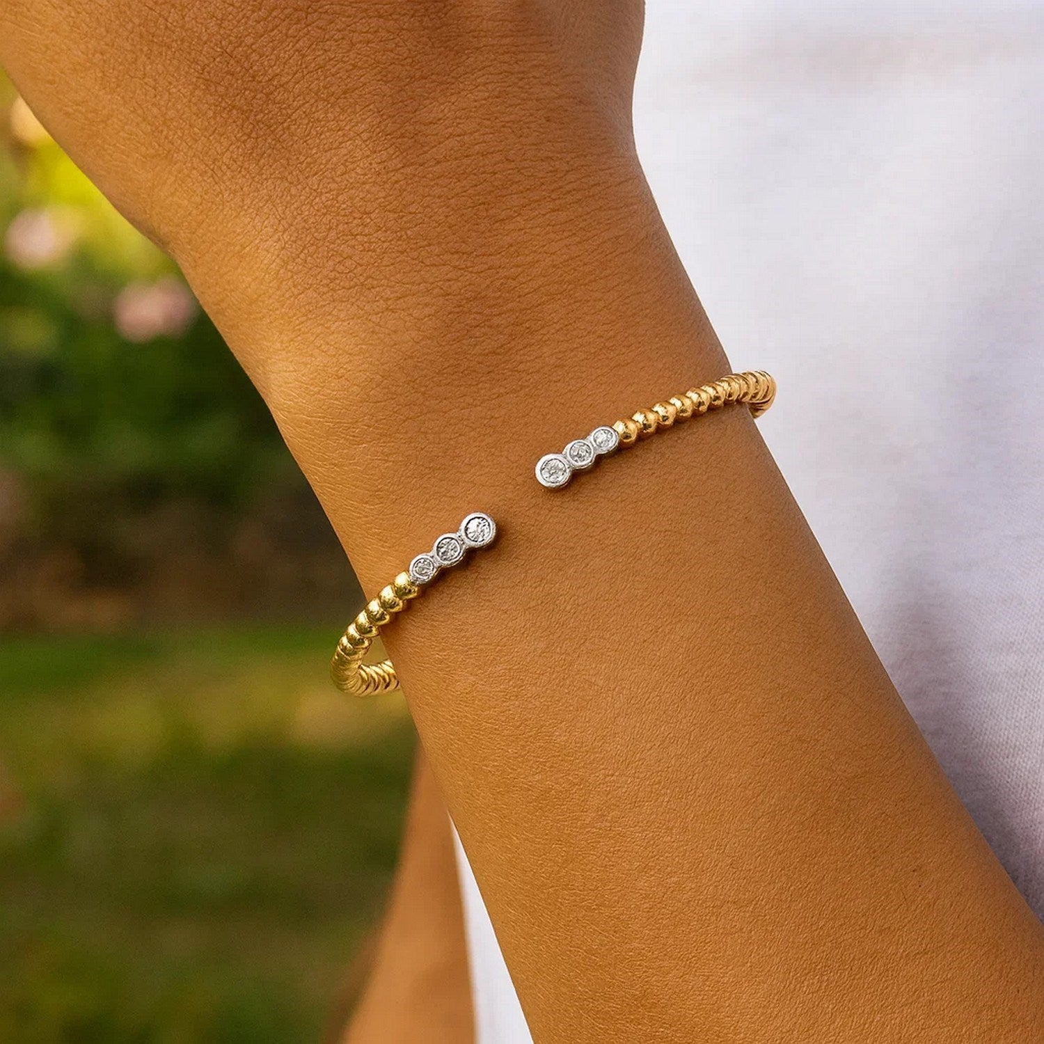 14K Two Tone Polish Diamond Pallina Open Beaded Cuff Bangle (3.00 mm)