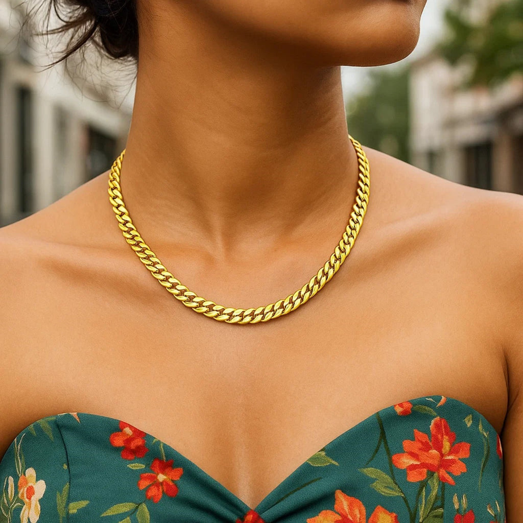 Cuban Chain Choker Necklace in 14K Yellow Gold