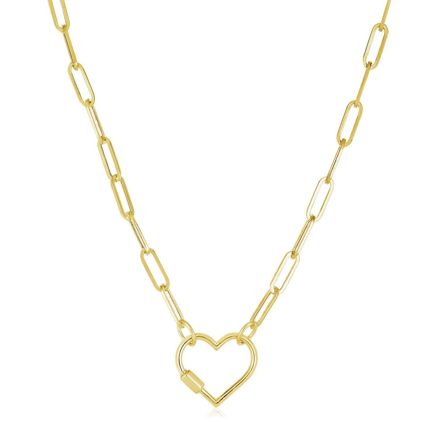 Paperclip Chain Necklace with Heart Carabiner Clasp in 14K Yellow Gold