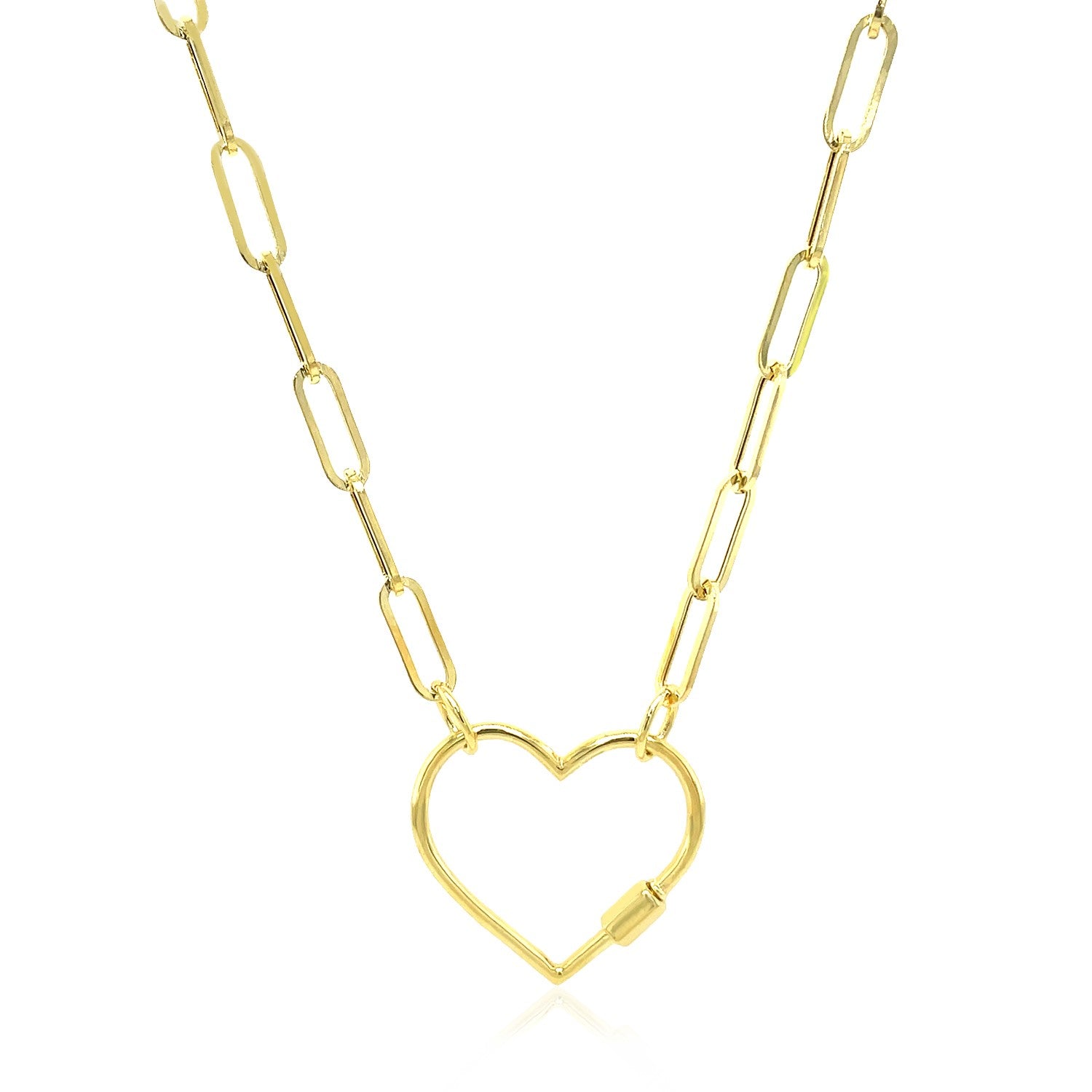 Paperclip Chain Necklace with Heart Carabiner Clasp in 14K Yellow Gold