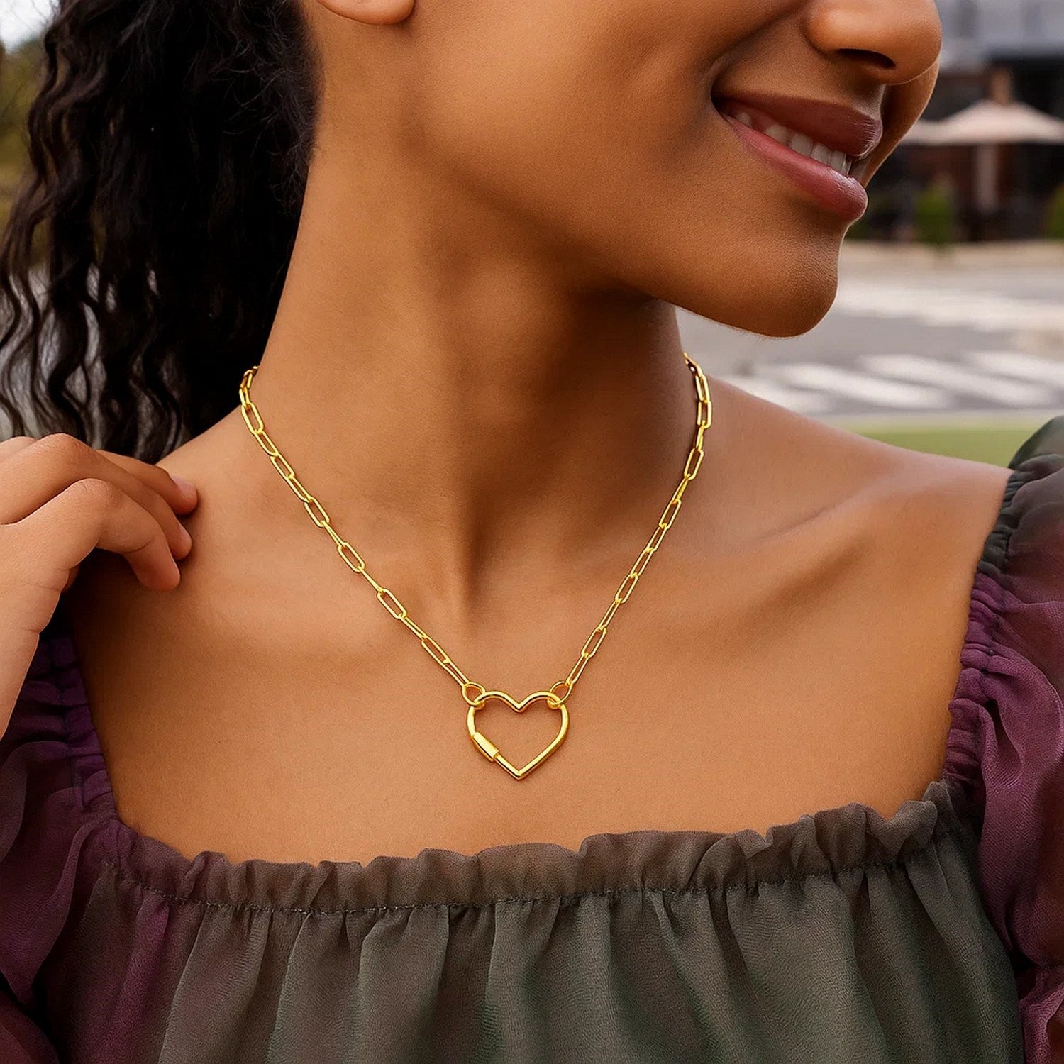 Paperclip Chain Necklace with Heart Carabiner Clasp in 14K Yellow Gold
