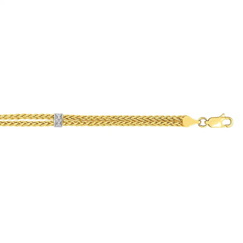 Dual Wheat Chain Bracelet With Diamond Stations in 14K Two Tone Gold