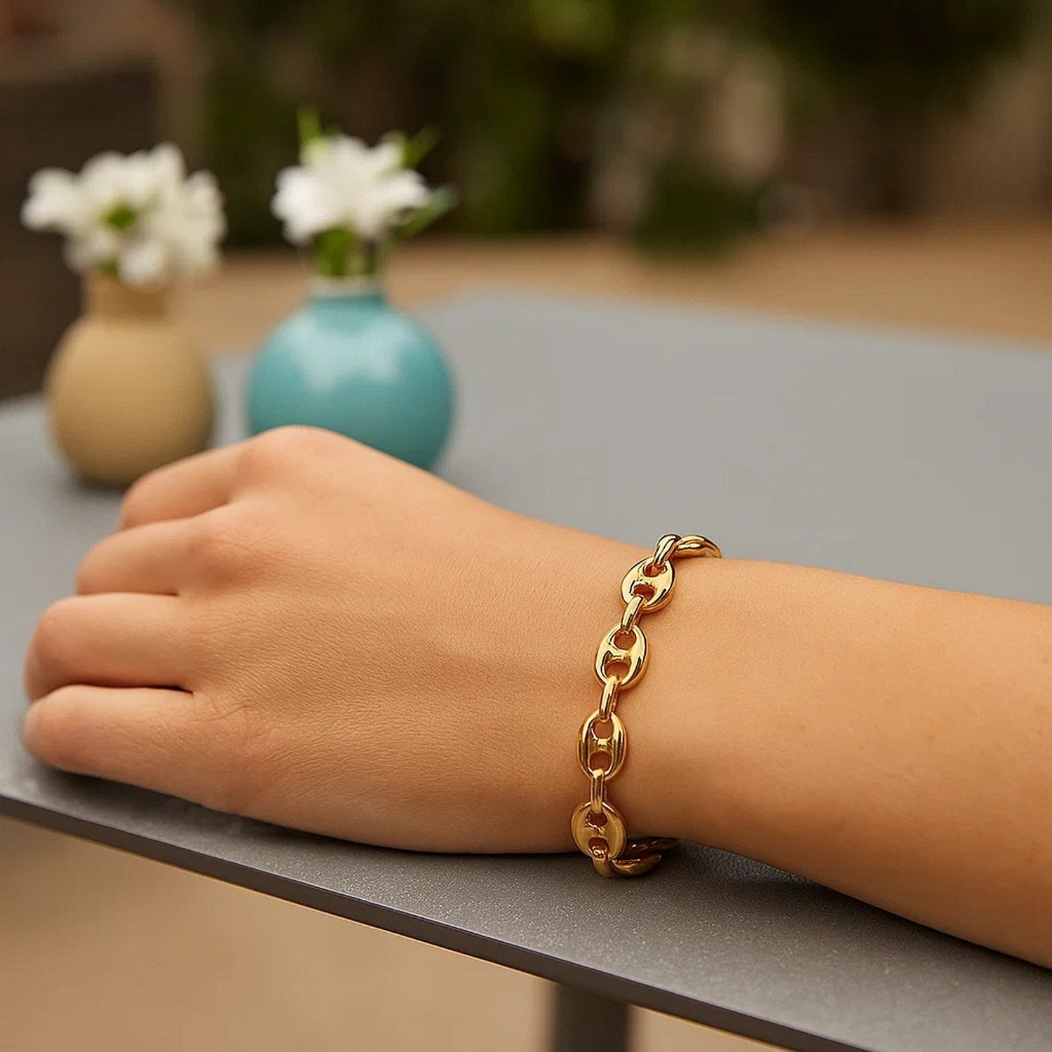 14K Gold Mariner Bracelet - Puffed 6.8mm Links