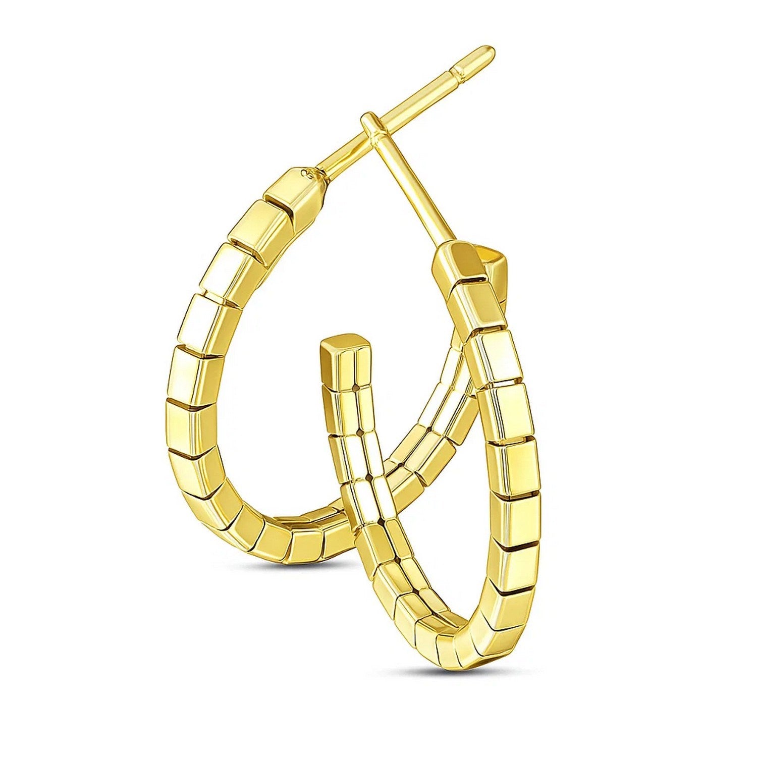 14K Gold Omega Hoop Earrings - Brick Texture