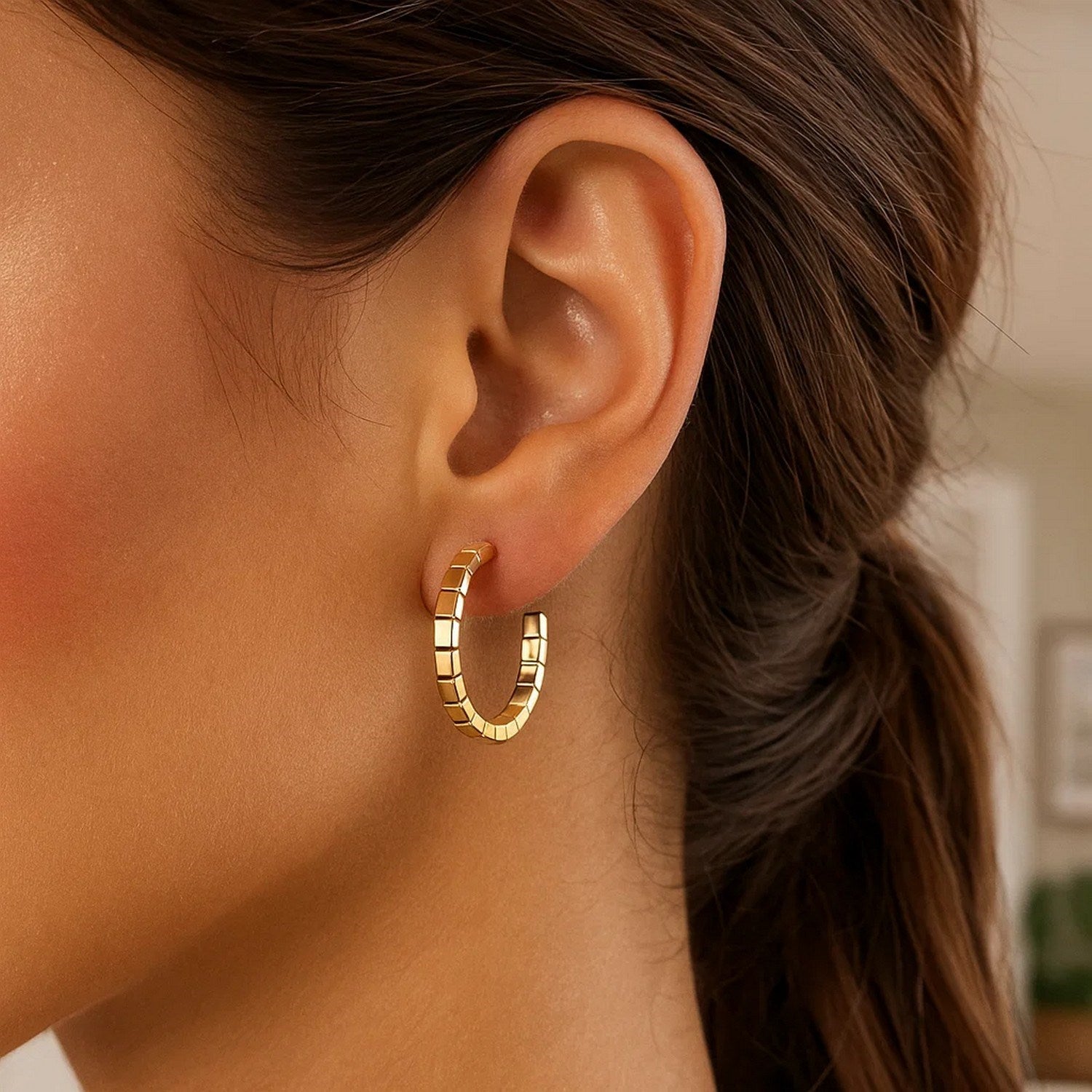 14K Gold Omega Hoop Earrings - Brick Texture