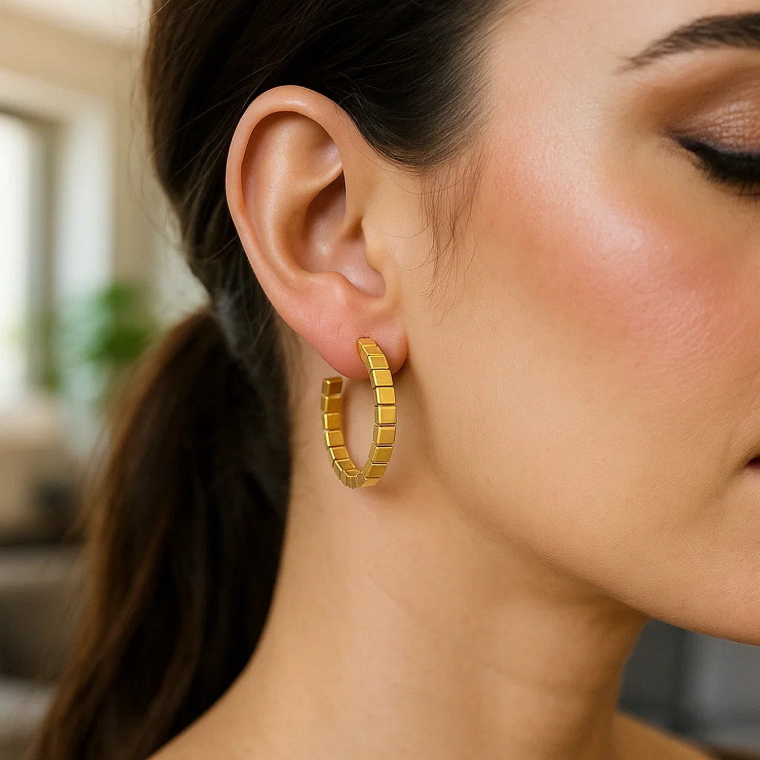 14K Gold Omega Hoop Earrings - Brick Texture