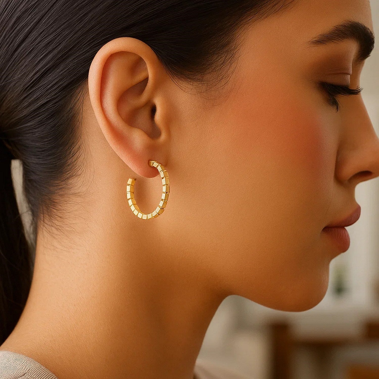 14K Gold Omega Hoop Earrings - Brick Texture