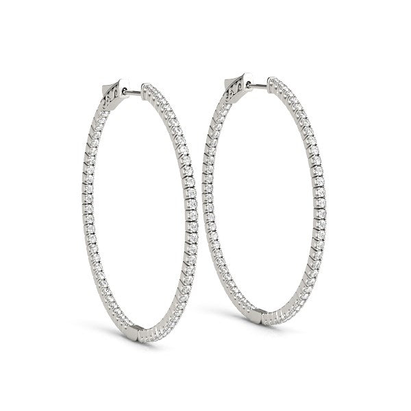 Front view of 14K white gold two-sided diamond hoop earrings, 1.5 cttw