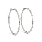 Front view of 14K white gold two-sided diamond hoop earrings, 1.5 cttw