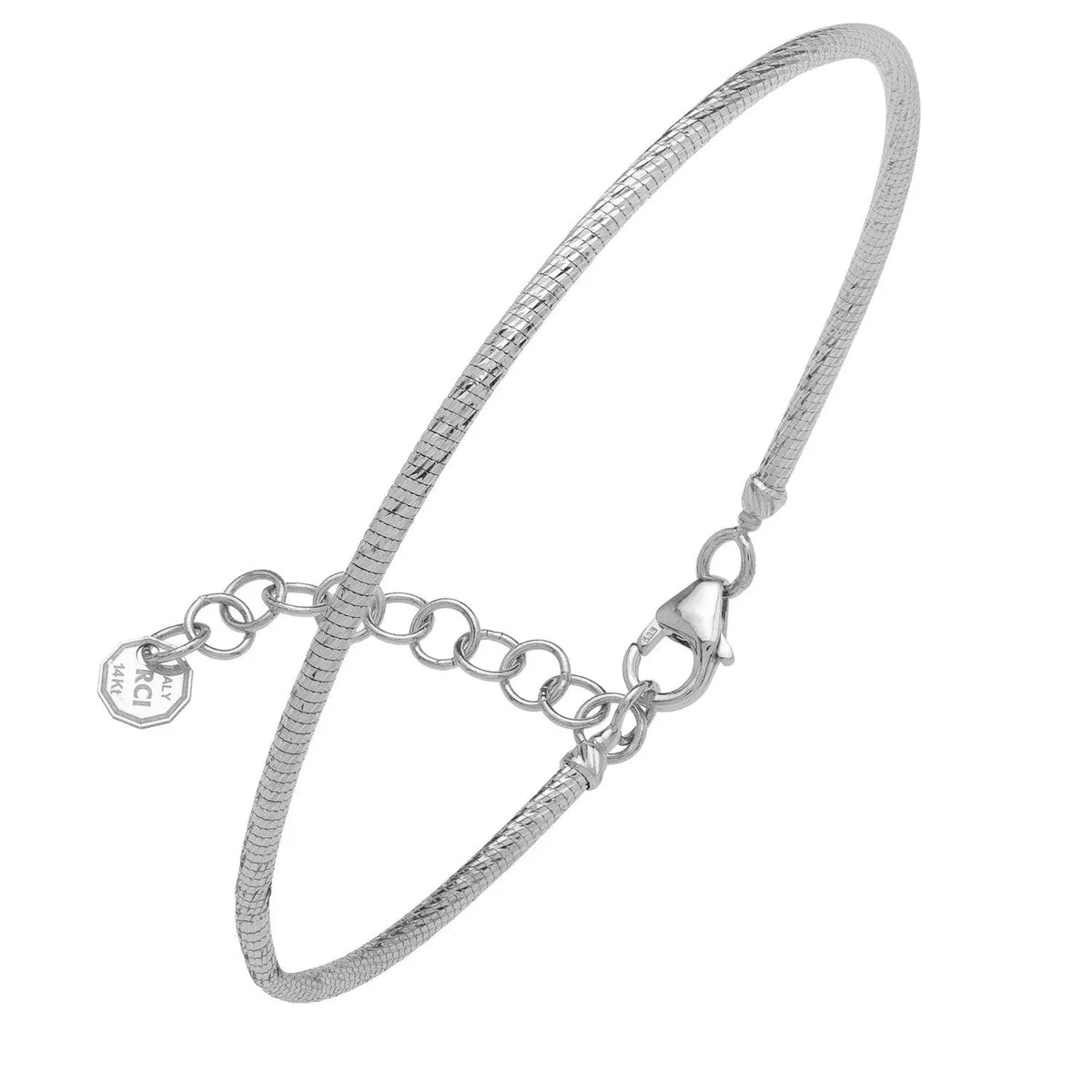 Front view of 14K white gold diamond-cut stack bangle bracelet, 1.8mm