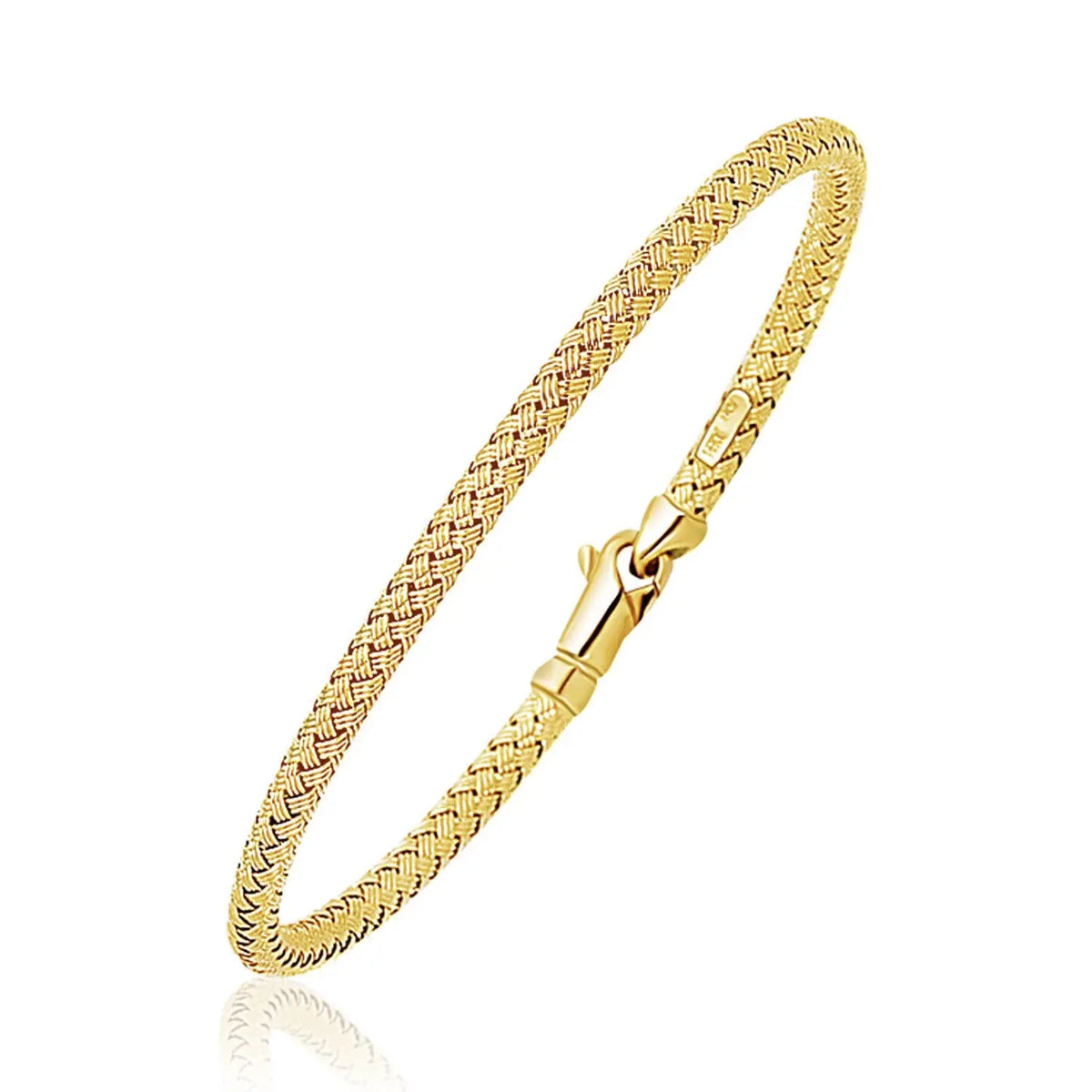 Front view of 14K yellow gold fancy weave bangle bracelet, 3mm
