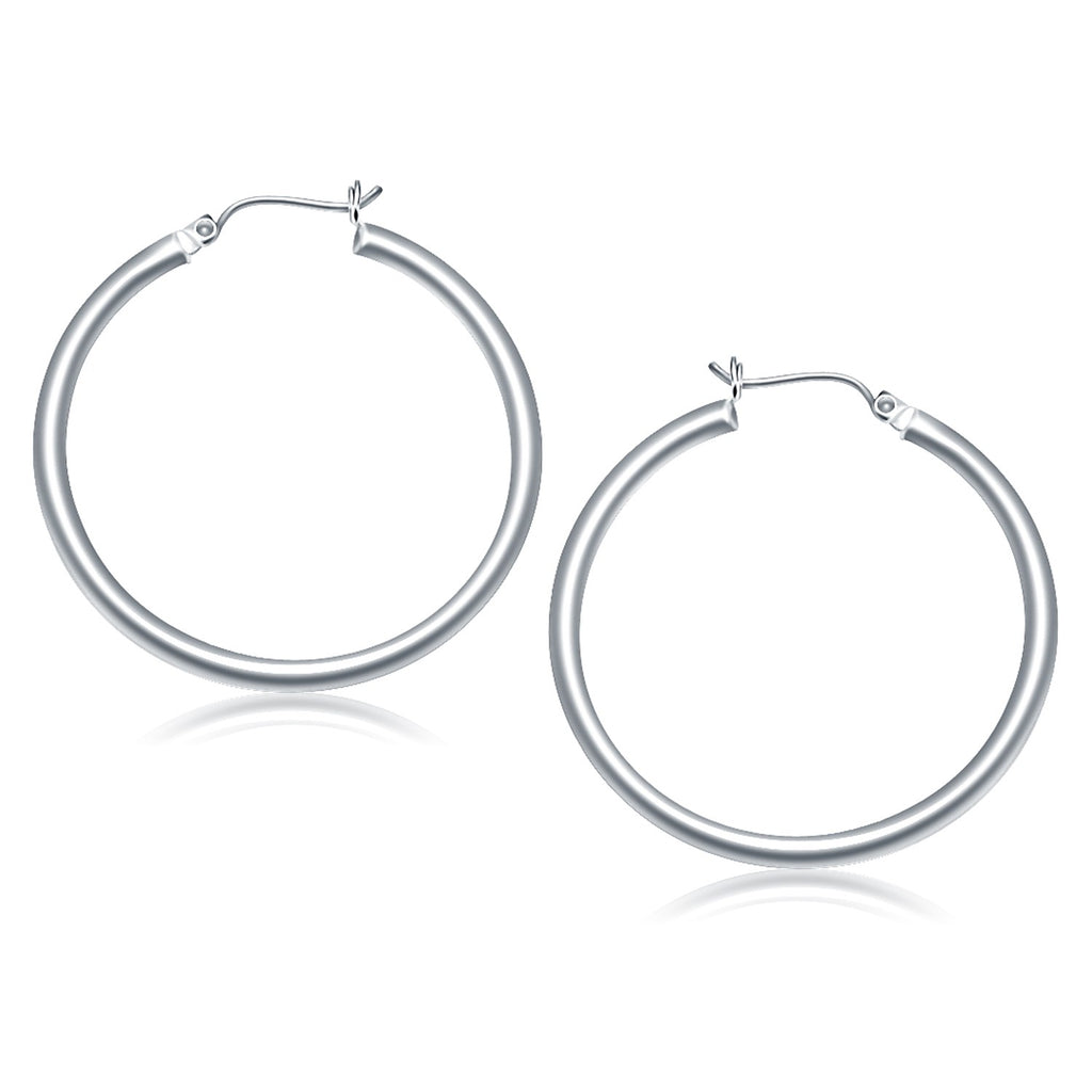 Polished 40mm hoop earrings in 14K white gold, 3mm wide, front view of the pair