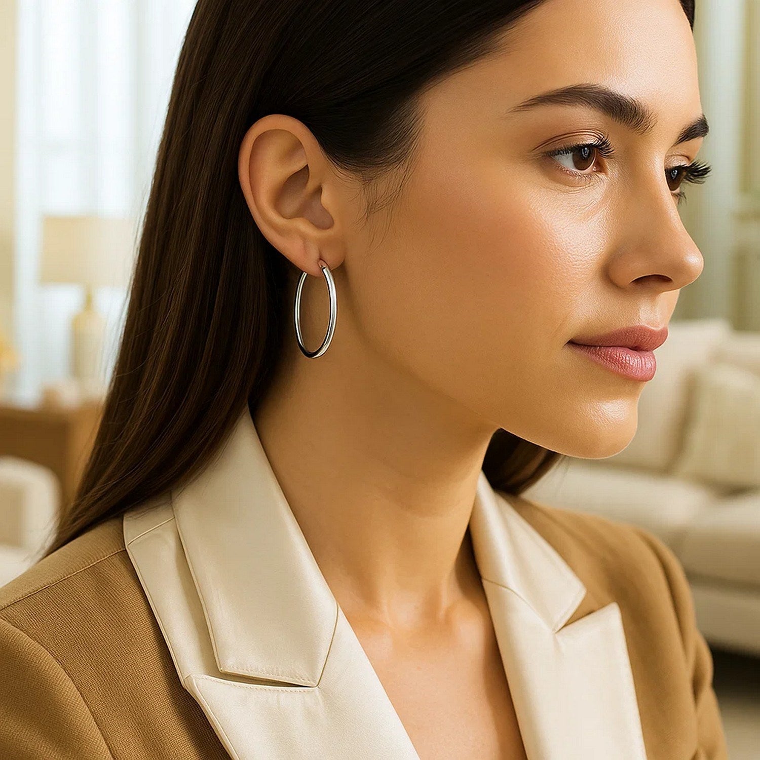 Classic Polished Hoop Earrings in 14K White Gold, 3x40mm