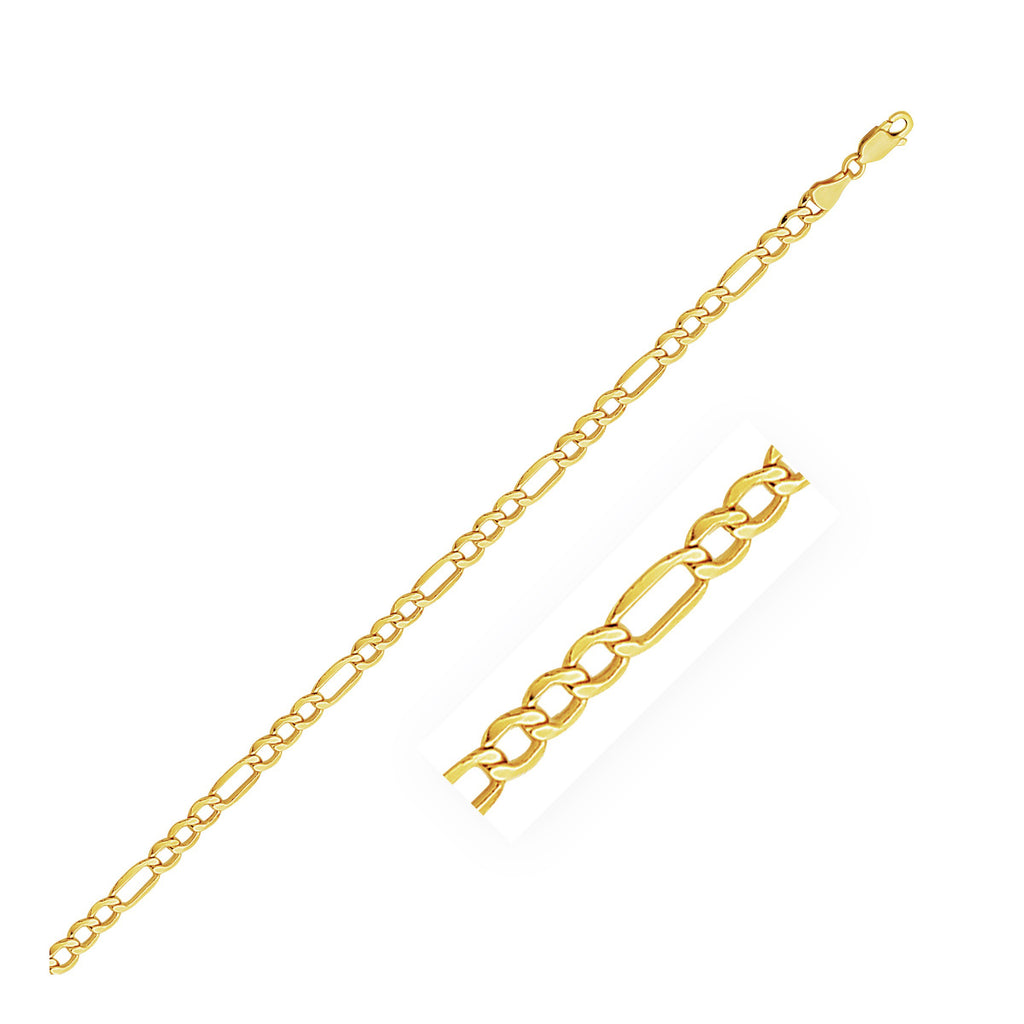 Front view of 14K yellow gold lite Figaro chain necklace, 4.70 mm wide, lobster clasp, 18–24 inch options
