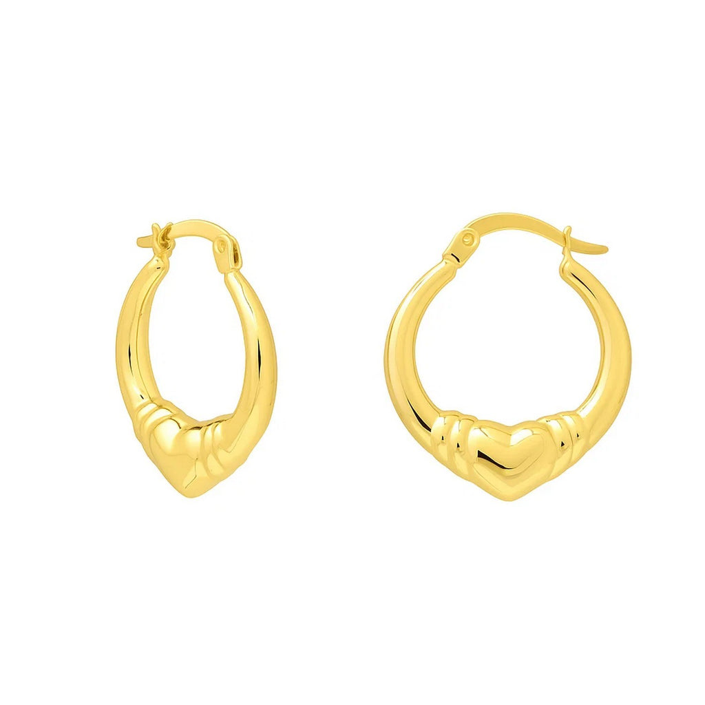 Heart hoop earrings in 14K yellow gold, side and front view