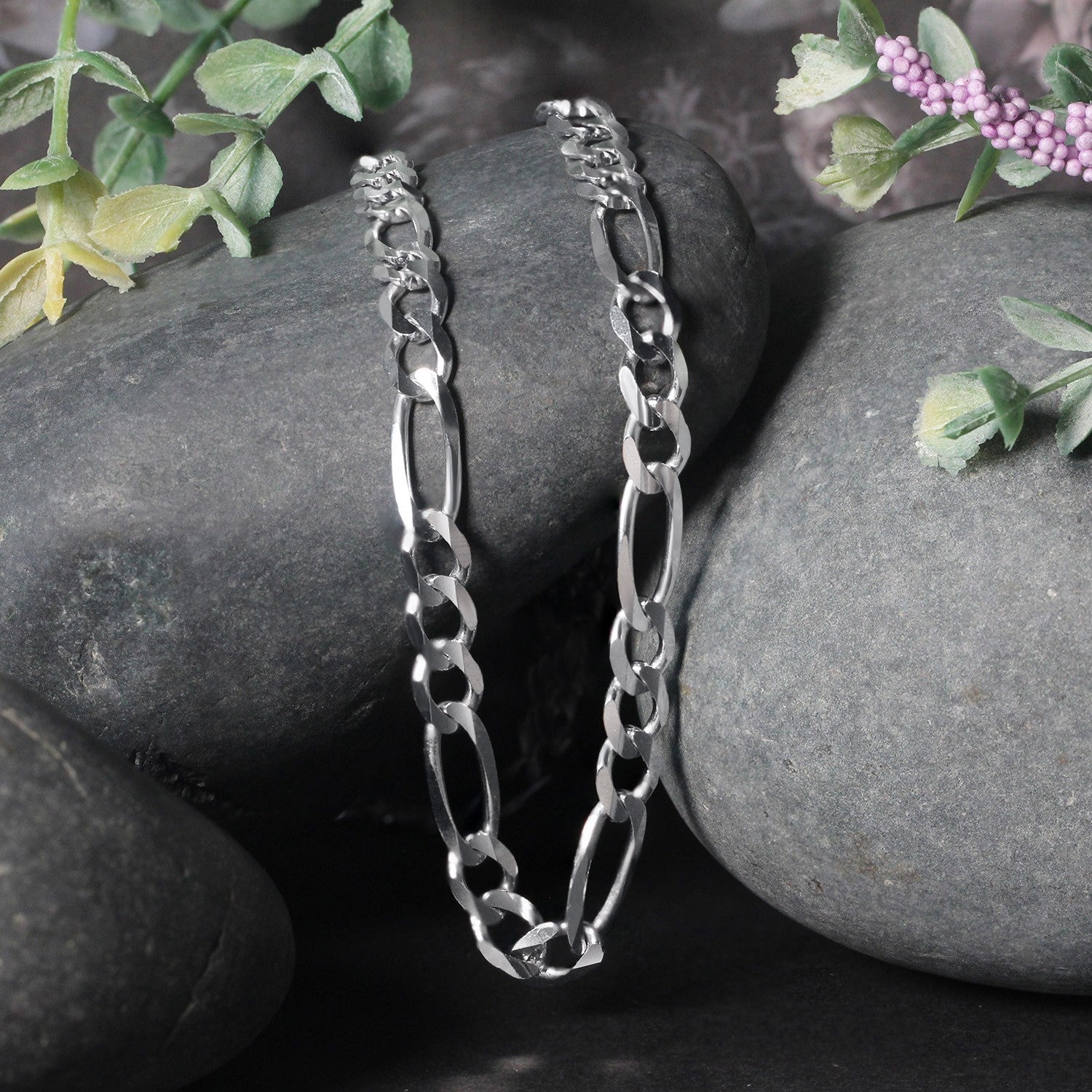 Solid Figaro Chain Necklace in 14K White Gold - 6.00mm