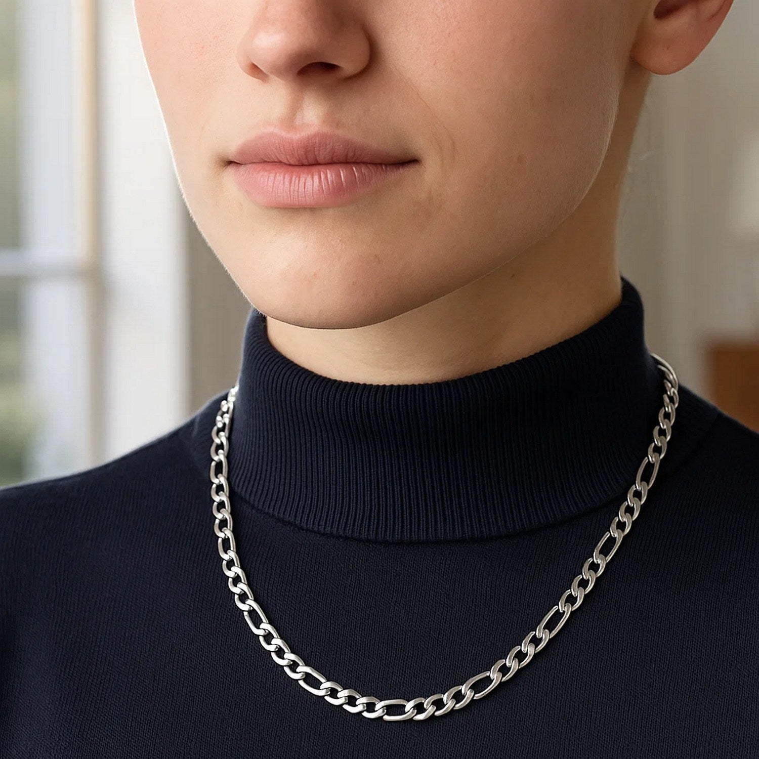 Solid Figaro Chain Necklace in 14K White Gold - 6.00mm