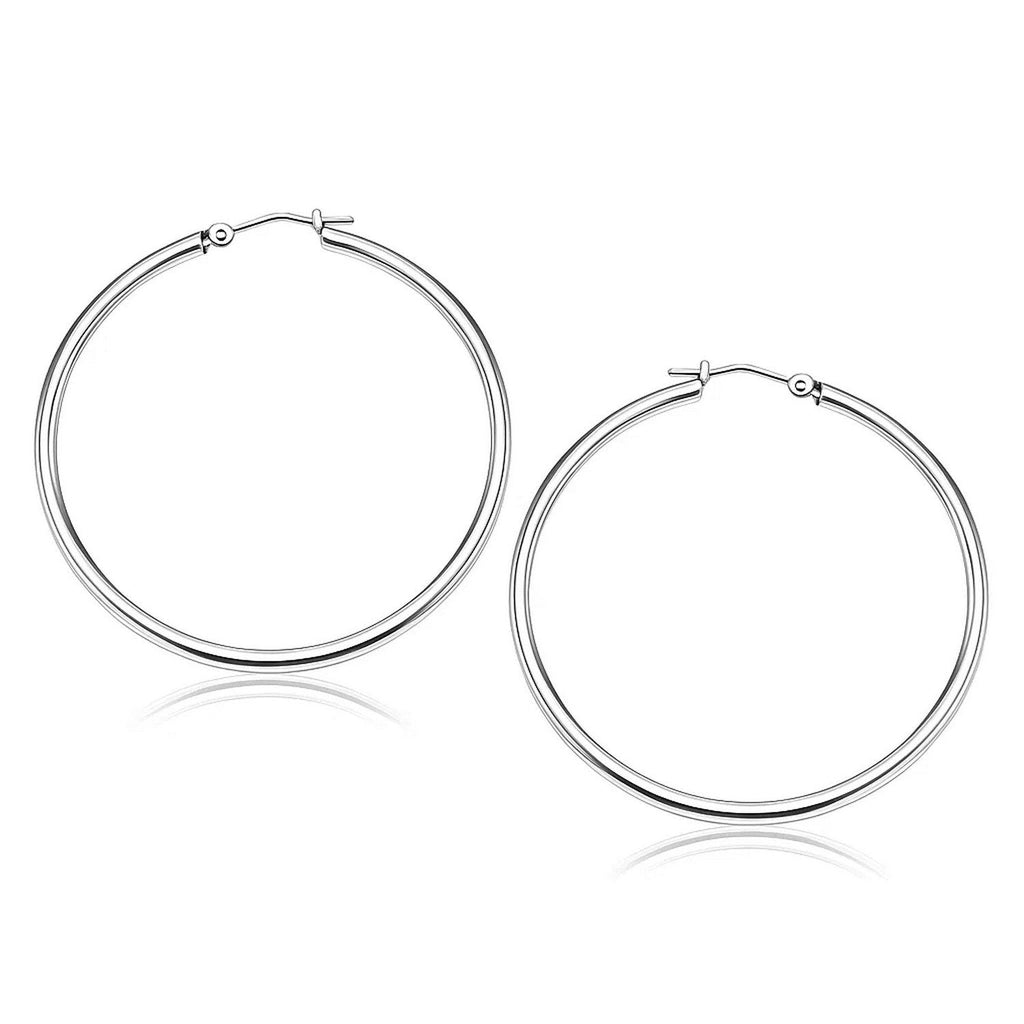 Polished 40mm hoop earrings in 14K white gold, front view of the pair