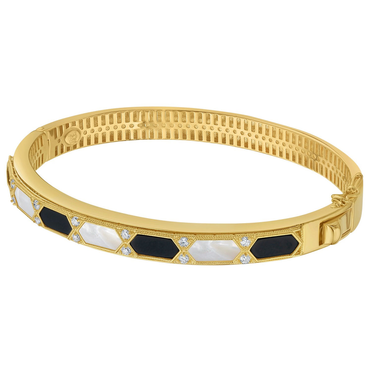 Onyx and mother-of-pearl Art Deco bangle in 14K yellow gold with natural diamonds between the hexagon inlays