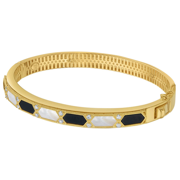 Onyx and mother-of-pearl Art Deco bangle in 14K yellow gold with natural diamonds between the hexagon inlays