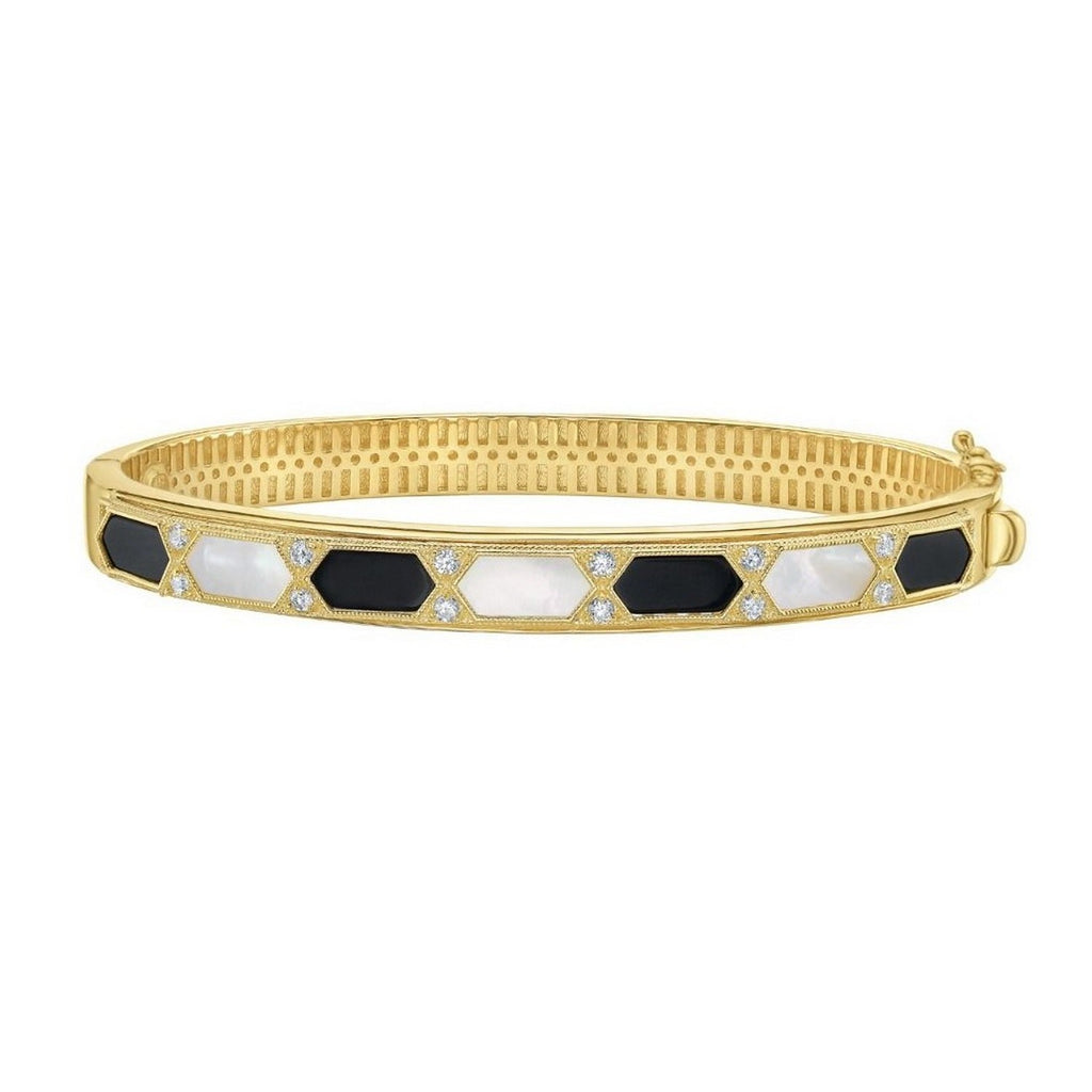 Front view of the onyx and mother-of-pearl hexagon bangle in 14K yellow gold