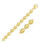 Front view of solid 14K yellow gold puffed mariner link chain with lobster clasp, 6.80 mm width