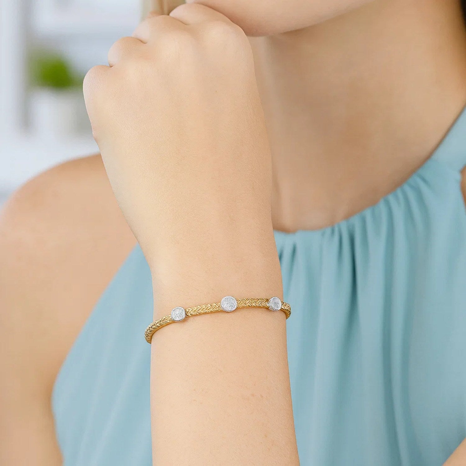 14K Two-Tone Diamond Bracelet - Basket Weave Design