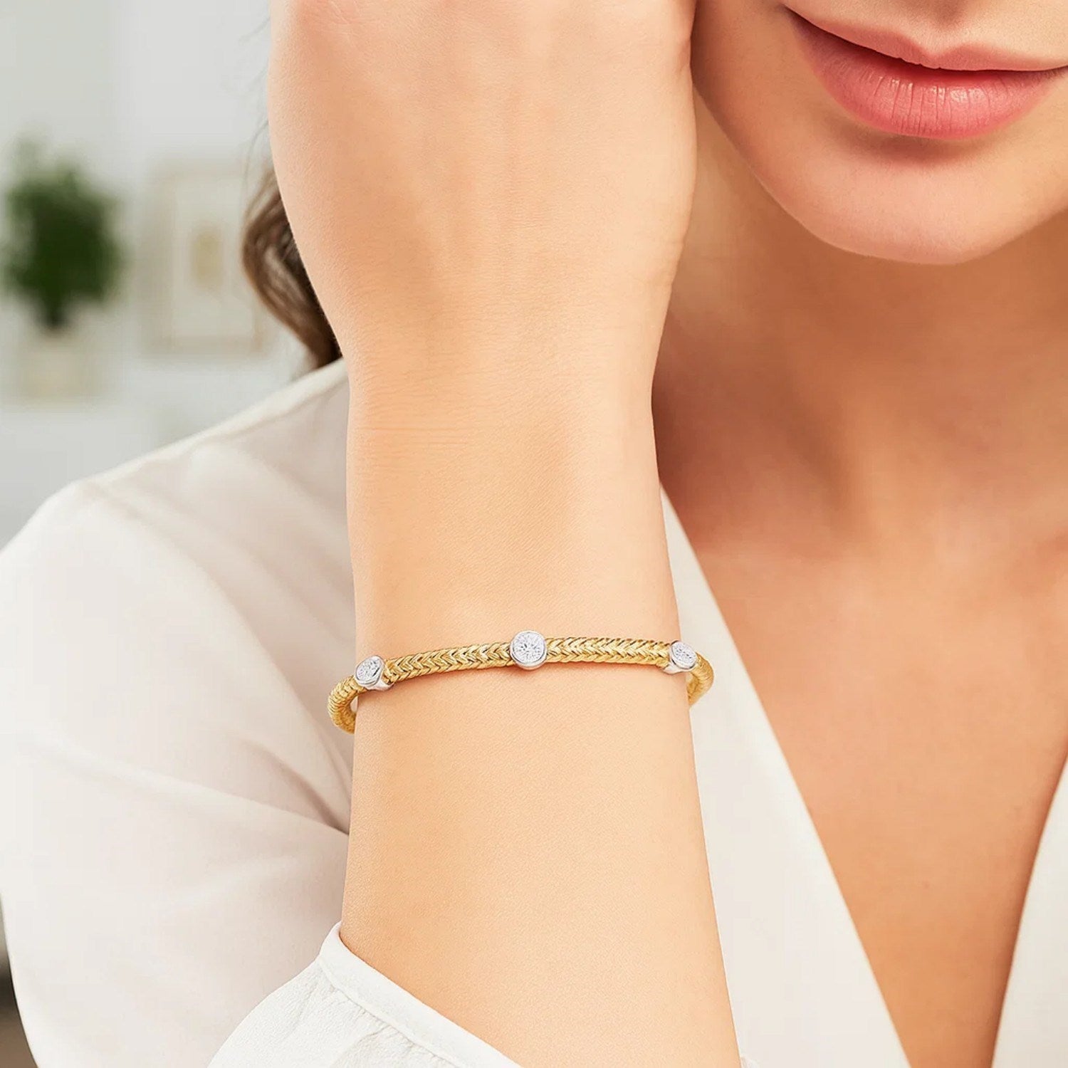 14K Two-Tone Diamond Bracelet - Basket Weave Design