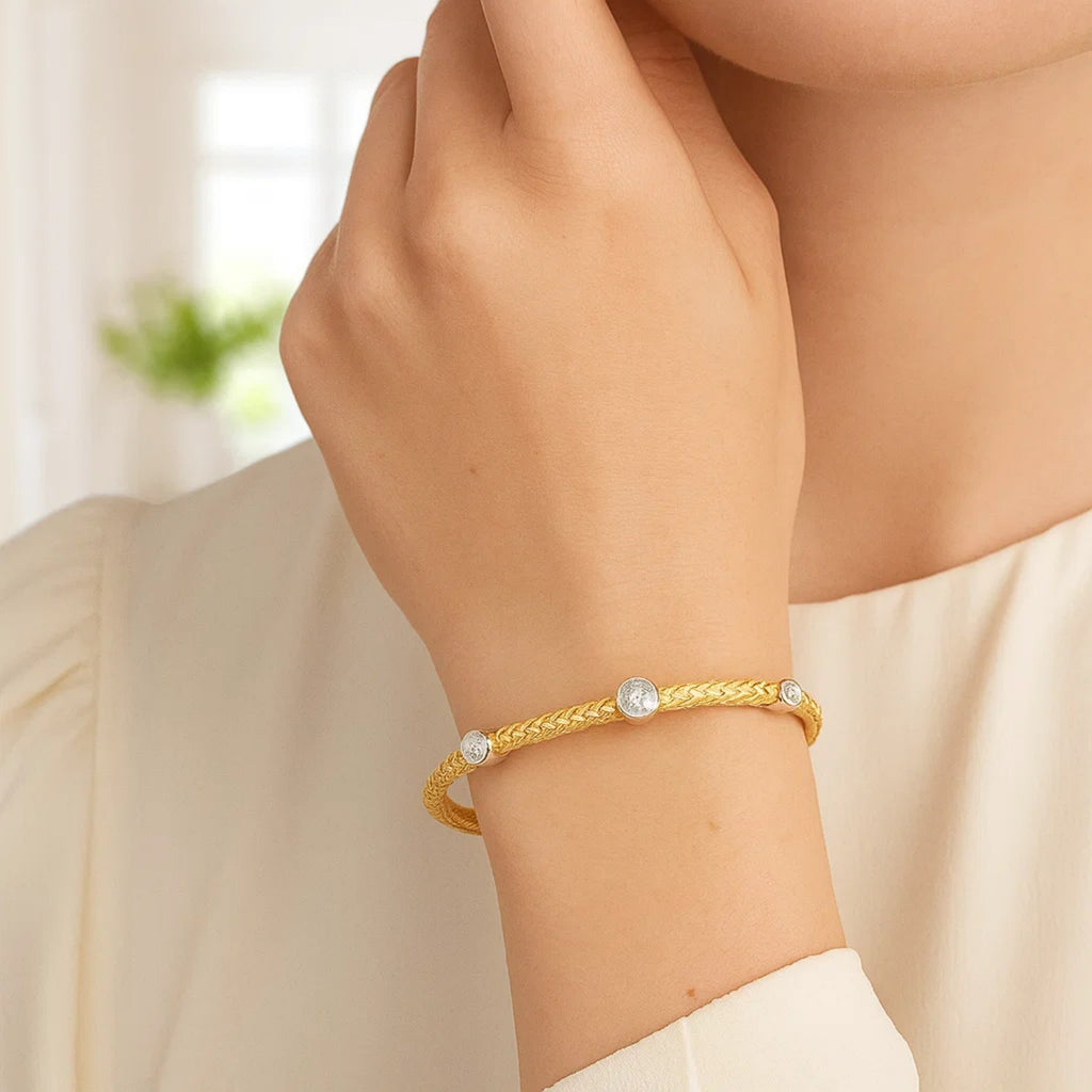 Diamond Accent Station Basket Weave Bracelet in 14K Two Tone Gold