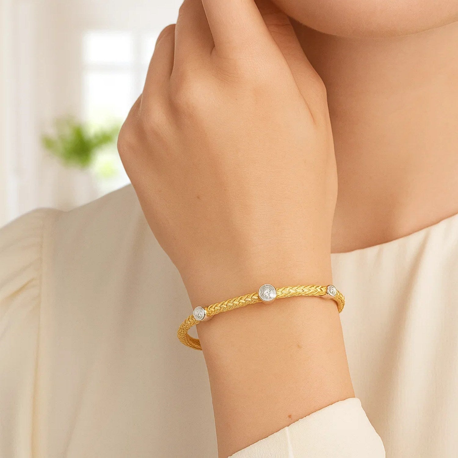 14K Two-Tone Diamond Bracelet - Basket Weave Design