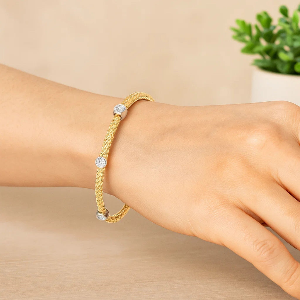 Diamond Accent Station Basket Weave Bracelet in 14K Two Tone Gold